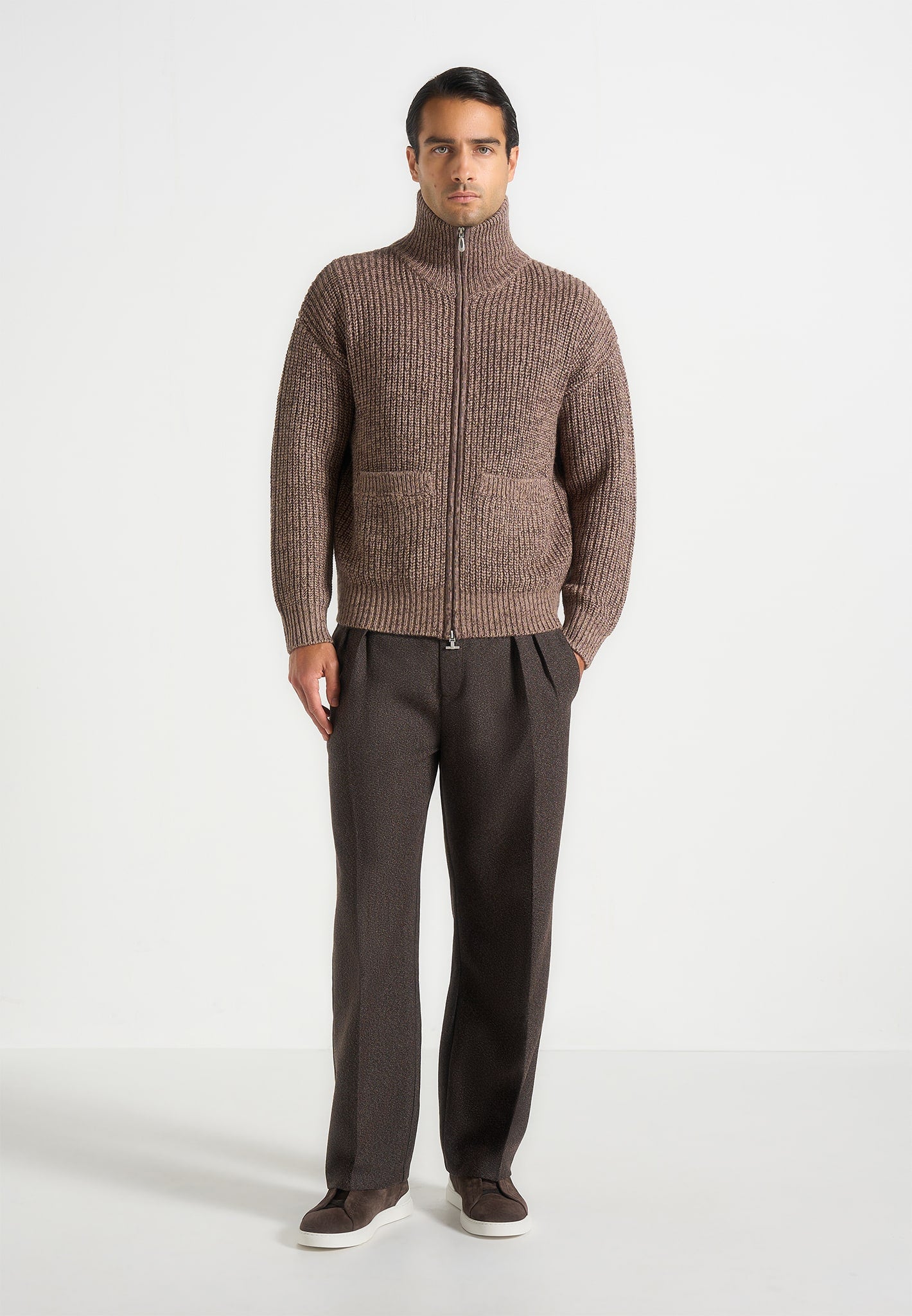 Jamie - Unisex Speckled Wool Zip Through Jacket - Taupe