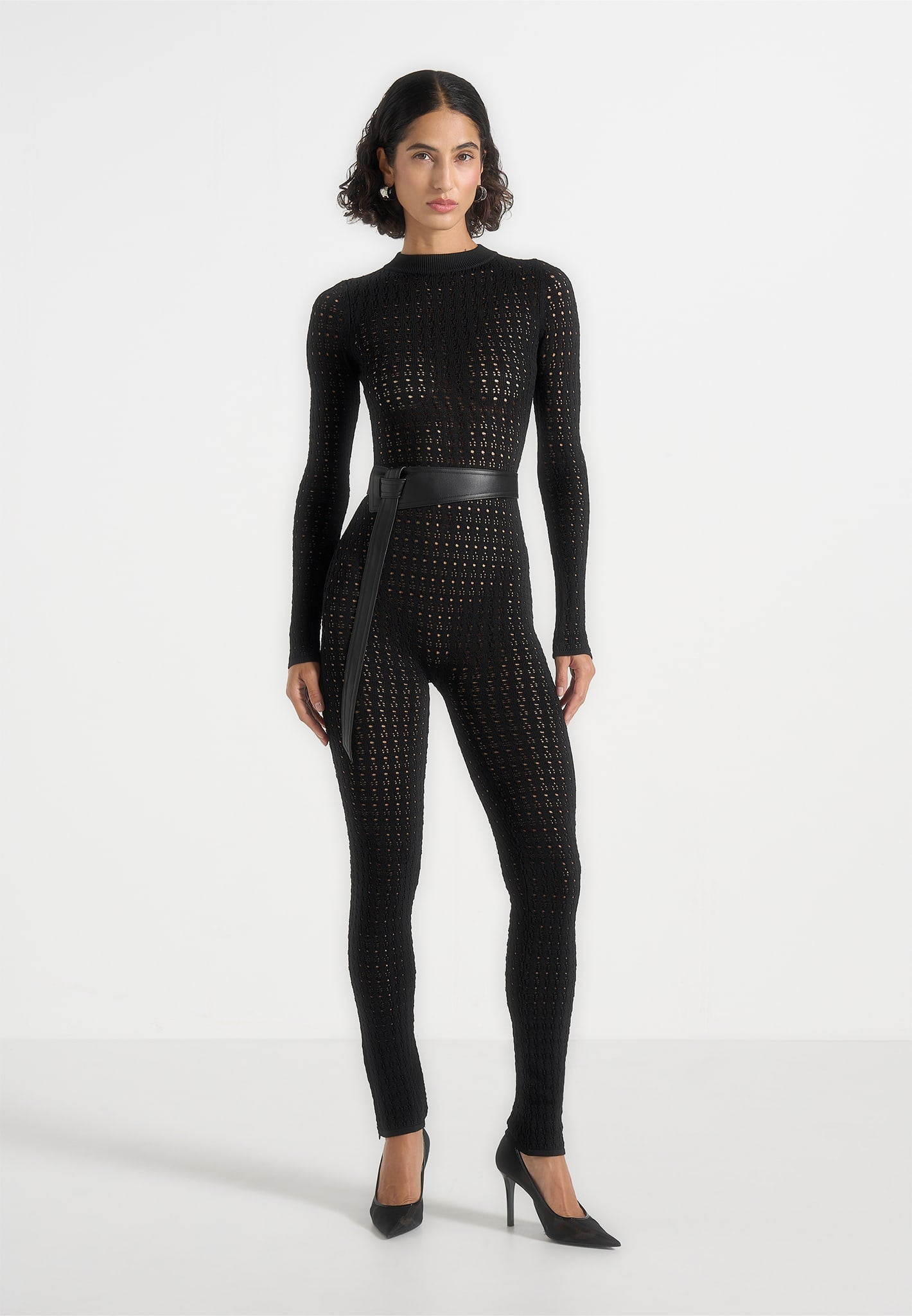 Tiana - Pointelle Knit Long Sleeve Jumpsuit with Belt - Black