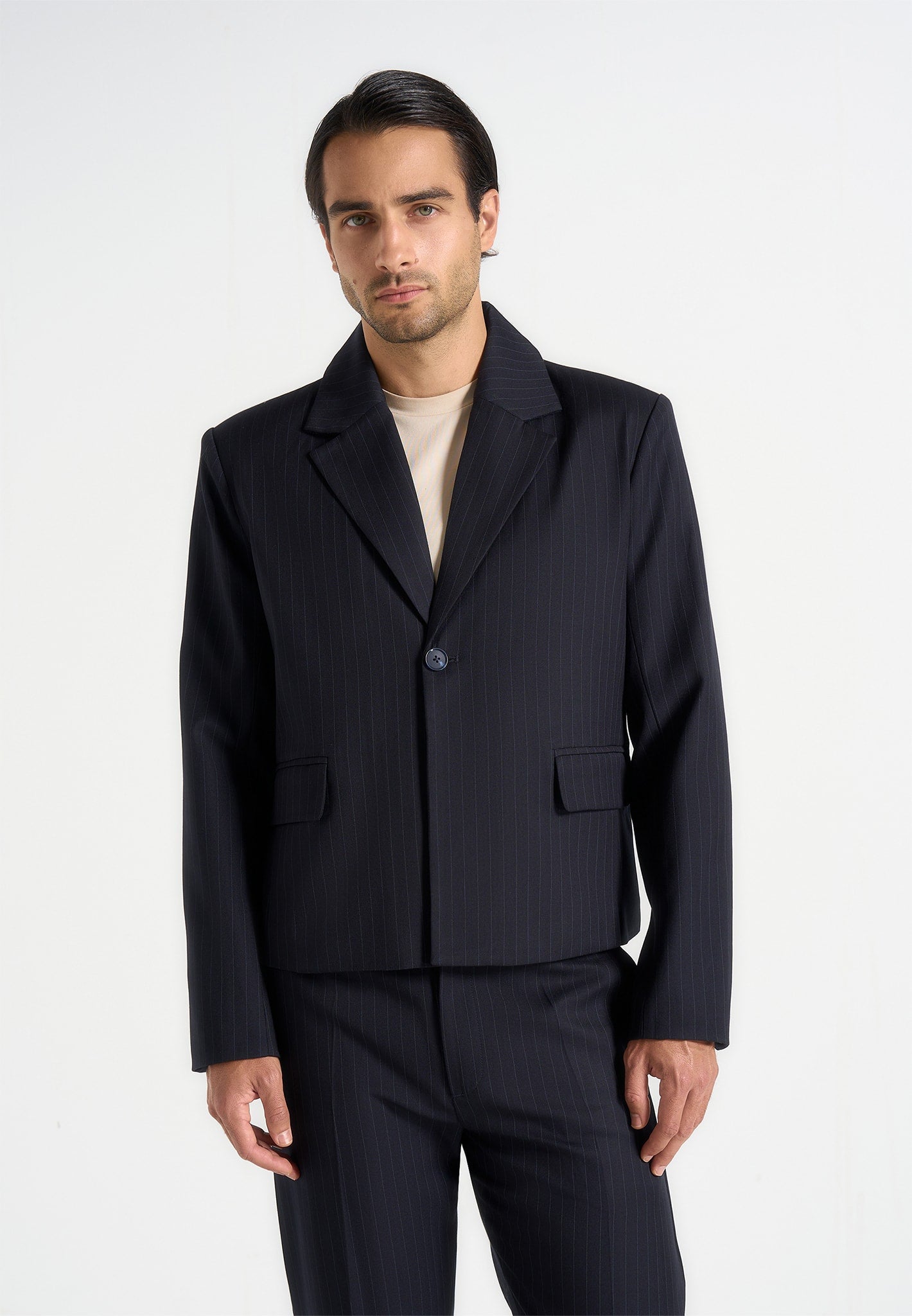 Silas - Pinstriped Tailored Cropped Blazer - Navy